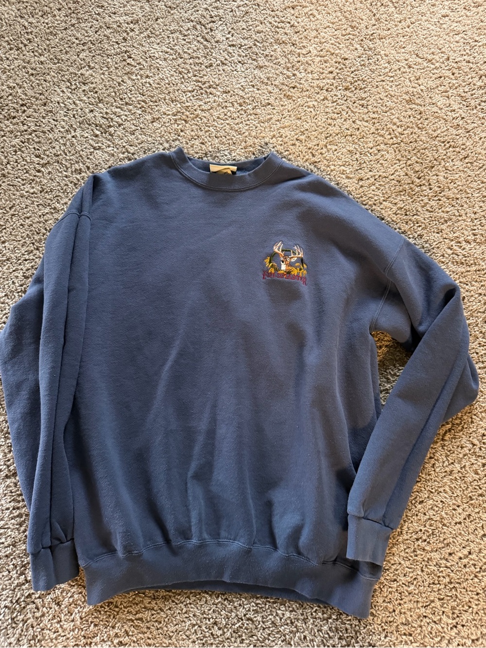 Men's Blue Crewneck Sweatshirt with Deer Embroidery